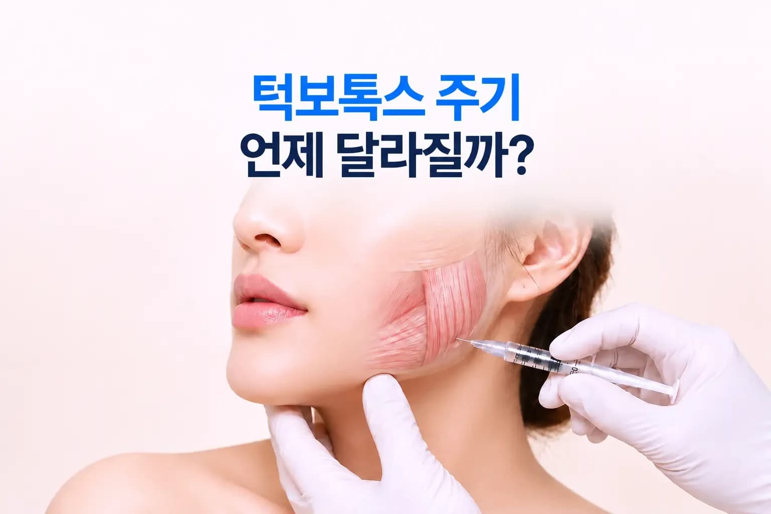 턱보톡스 주기와 효과가 나타나는 시기를 설명하는 이미지, 여성의 턱 교근 위치와 보톡스 주사 시술 장면