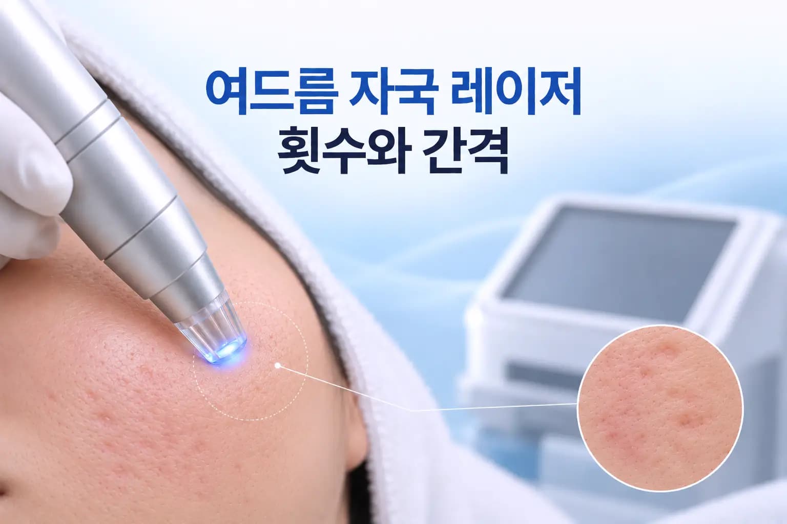 여드름 자국이 남은 볼 피부에 레이저 핸드피스가 닿는 장면을 담은 여드름 자국 레이저 횟수 썸네일