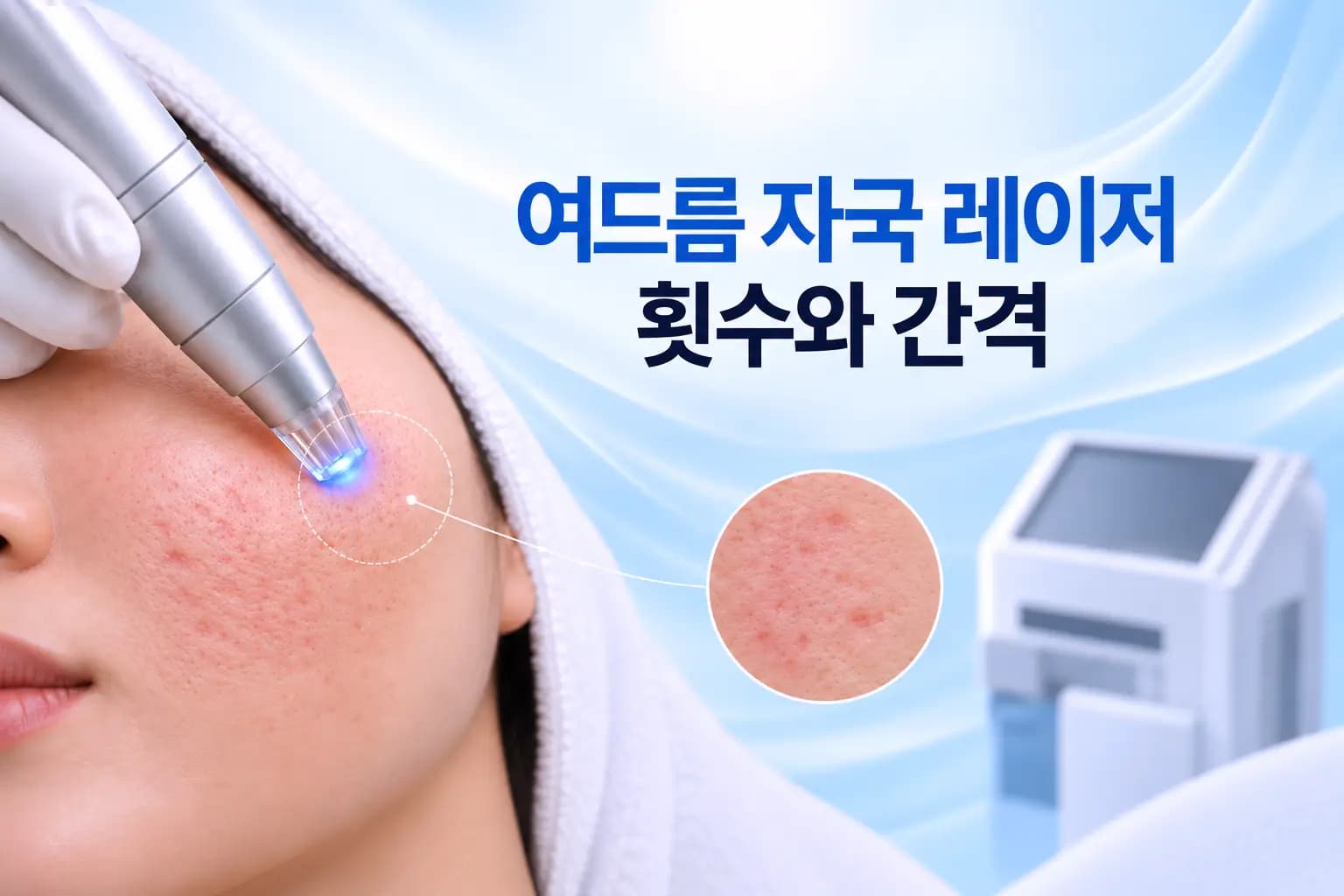 여드름 자국이 남은 볼 피부에 레이저 핸드피스가 닿는 장면을 담은 여드름 자국 레이저 횟수 썸네일