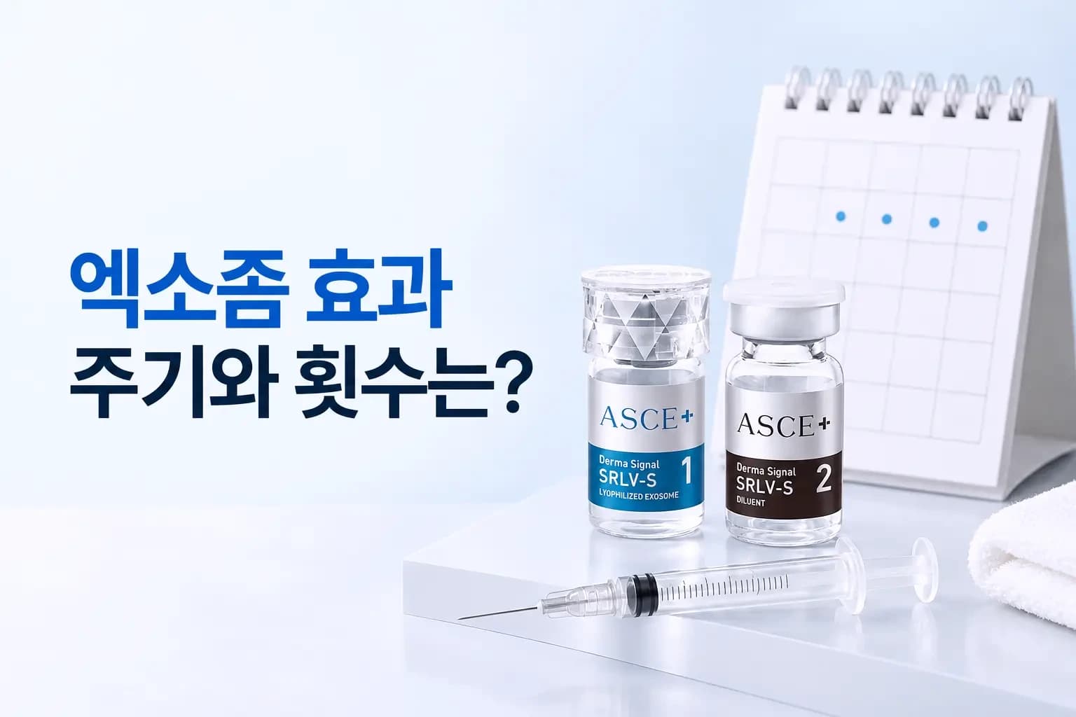엑소좀 바이알과 회차 달력, 피부 세포에 신호를 보내는 소포체 확대 컷을 조합한 엑소좀 효과 썸네일