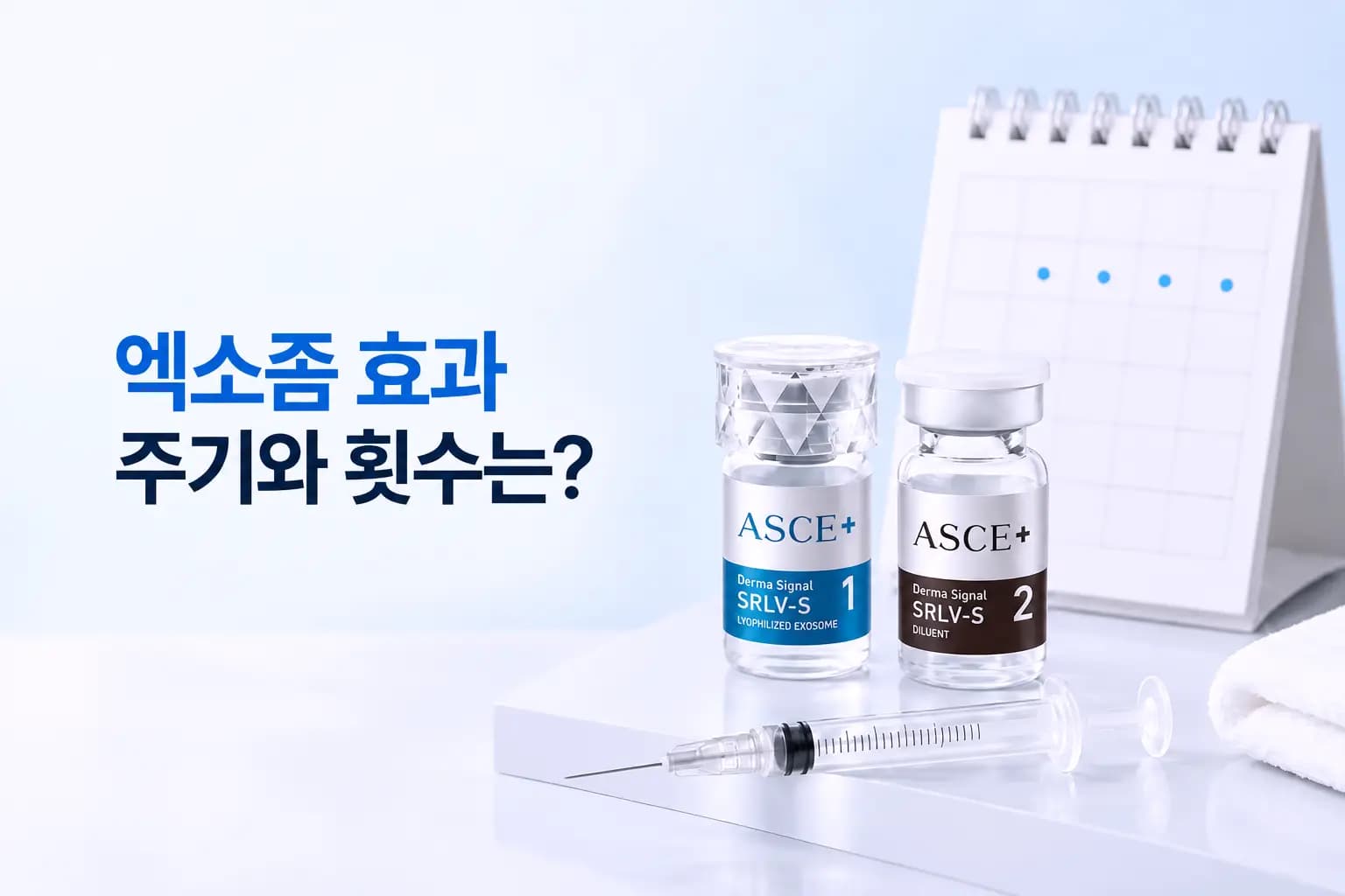 엑소좀 바이알과 회차 달력, 피부 세포에 신호를 보내는 소포체 확대 컷을 조합한 엑소좀 효과 썸네일